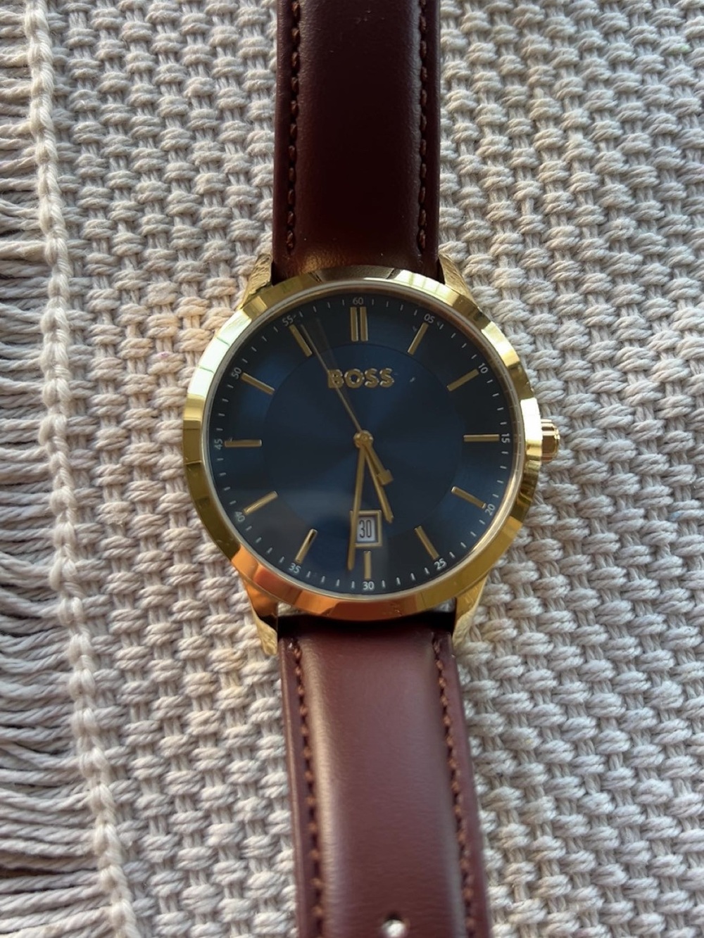 Boss Men's Gold-Tone Case Blue Dial Brown Leather Strap Watch - Picture 2 of 4